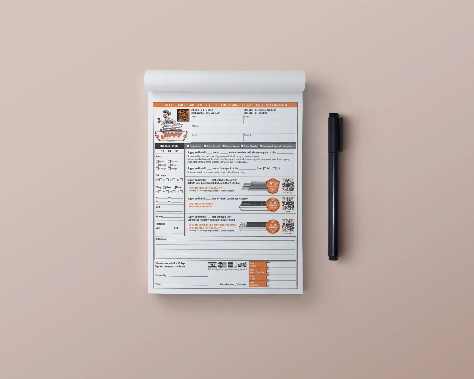Jiffy Seamless Gutter Co. – Custom quote pad